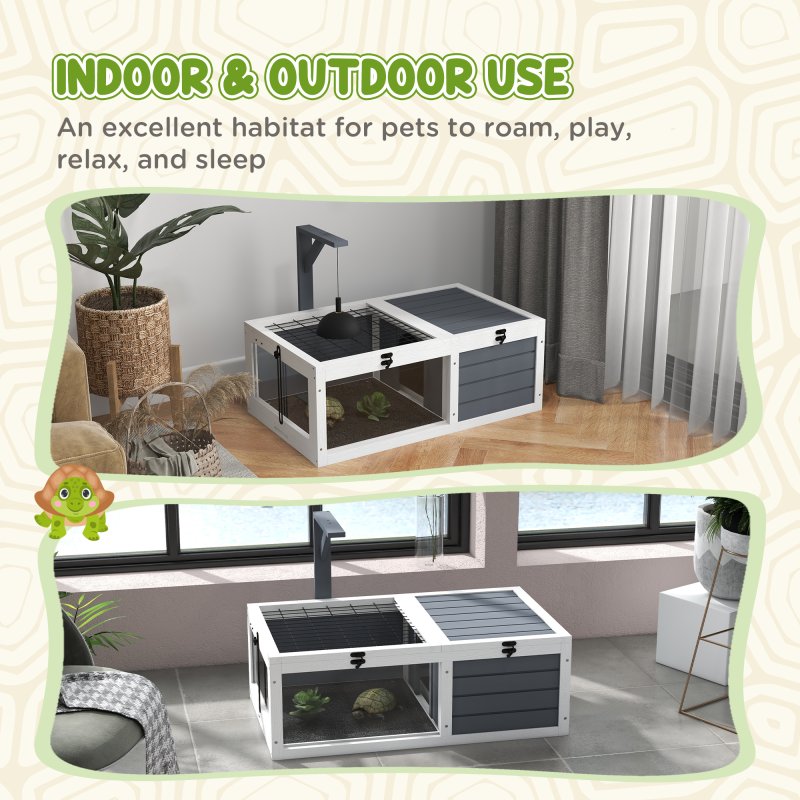 PawHut Tortoise House, Wooden Tortoise Table, Tortoise Enclosure with Wooden Lamp Holder, Openable Lids, Pull-Out Trays - Grey