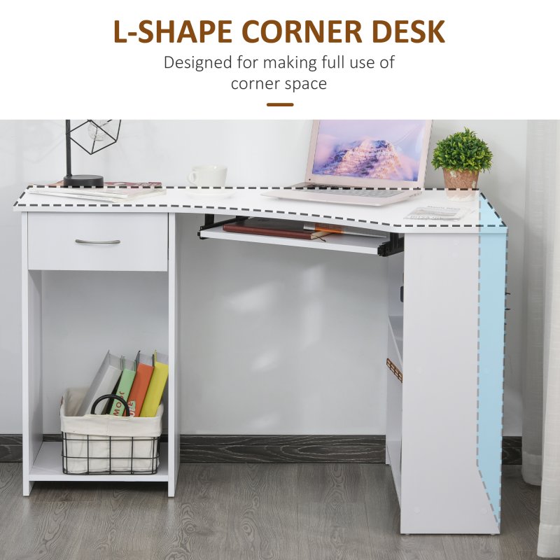 HOMCOM L-Shaped Corner Computer Desk w/ 2 Shelves Wide Worktop Keyboard Tray Drawer & CPU Stand Home Office Study Bedroom Furniture