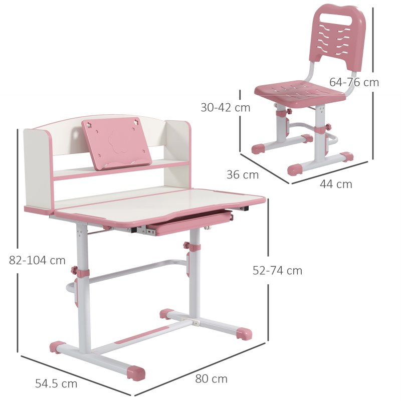 ZONEKIZ Kids Desk and Chair Set, Height Adjustable Children School Study Table with Drawer, Bookshelf, Adjustable Angle Tabletop, Non-slip Mat, for Ages 6-12 Years - Pink