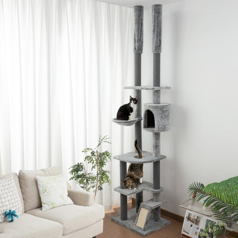PawHut Floor to Ceiling Cat Tree, 225-255cm Height Adjustable Large Cat Tower 6 Levels Activity Centre for Indoor Cats with Cat Scratching Posts Ramp, Condo Hammock, Play Balls - Grey
