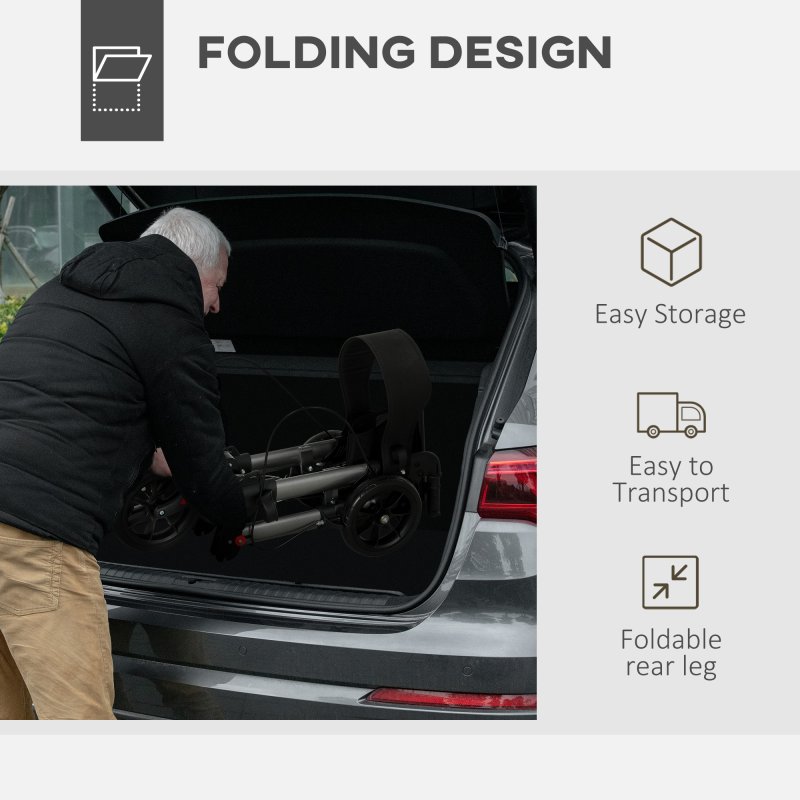 HOMCOM 4 Wheel Rollator with Seat and Back, Folding Mobility Walker with Carry Bag, Adjustable Height, Dual Brakes, Cane Holder, Lightweight Aluminium Walking Frame for Seniors and Disabled