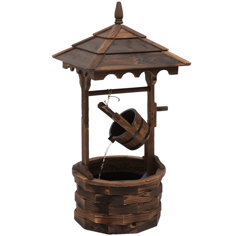 Outsunny Wooden Garden Wishing Well Fountain Barrel Waterfall Rustic Wood with Pump Garden D??cor Ornament