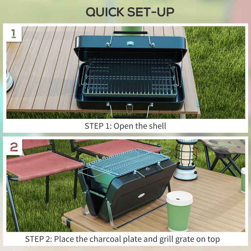 Outsunny Portable Mini Charcoal Barbecue Grill with Suitcase Shell, Outdoor Folding Tabletop BBQ Grill for Garden Camping Picnic Party, Black