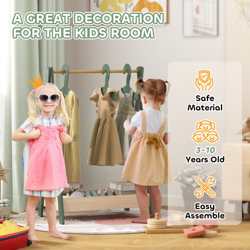 CHINESE AIYAPLAY Kids Clothes Rail, Children Dress Up Rail with 3 Hangers, Bottom Storage Shelf, Gift for Girls, Boys, Nursery, Bedroom, Green
