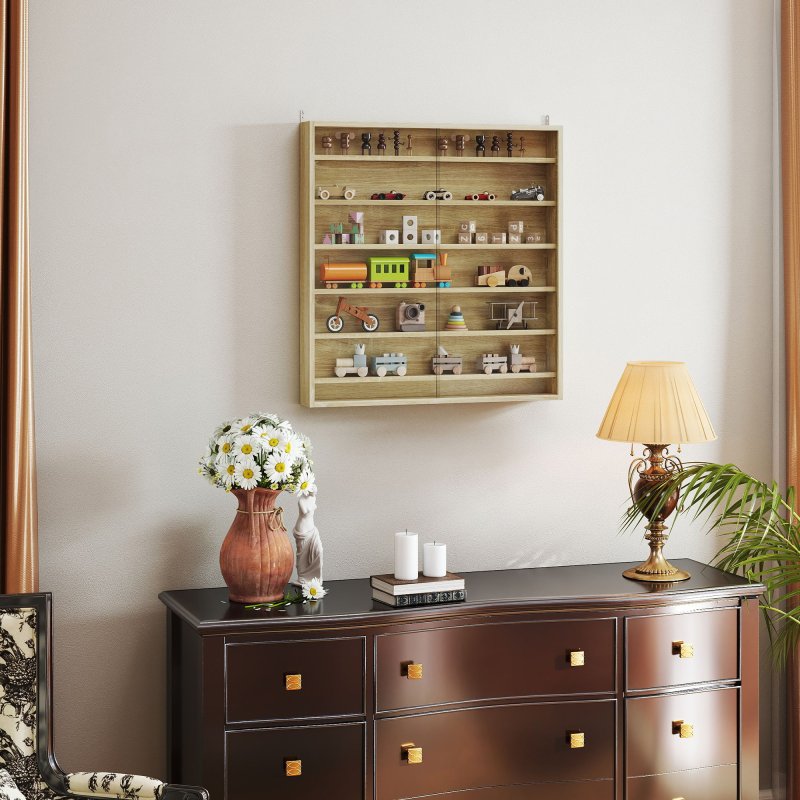 HOMCOM 7-Tier Wall Mounted Display Cabinet, Display Case with 6 Adjustable Shelves, Glass Doors for Home Office Ornaments 83x80cm, Oak