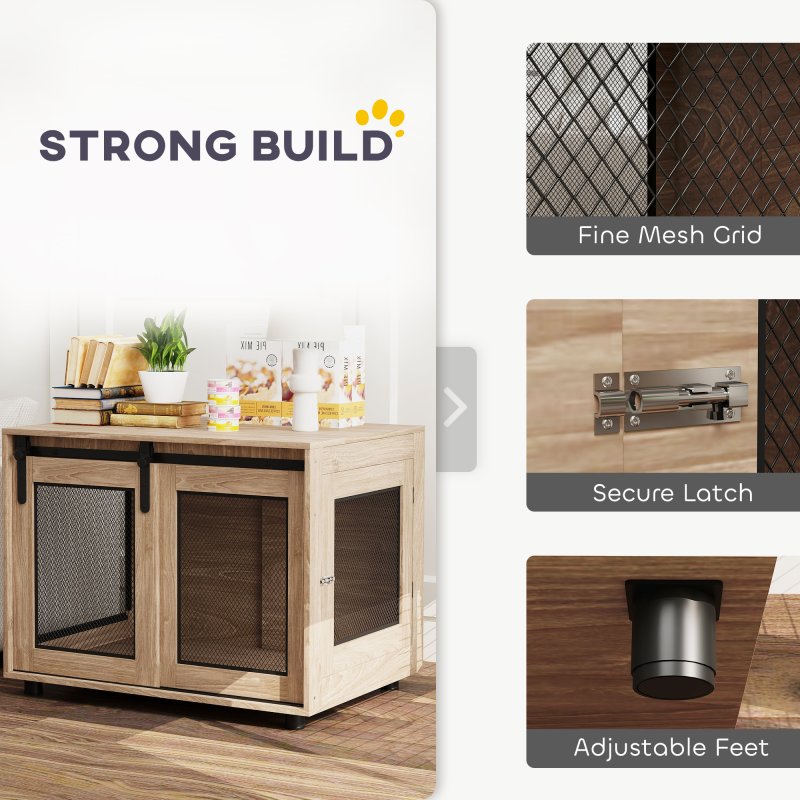 PawHut Dog Crate Furniture, Dog Cage End Table with Sliding Door, Pet Kennel for Medium Breeds, 80 x 58.5 x 63cm, Walnut Brown