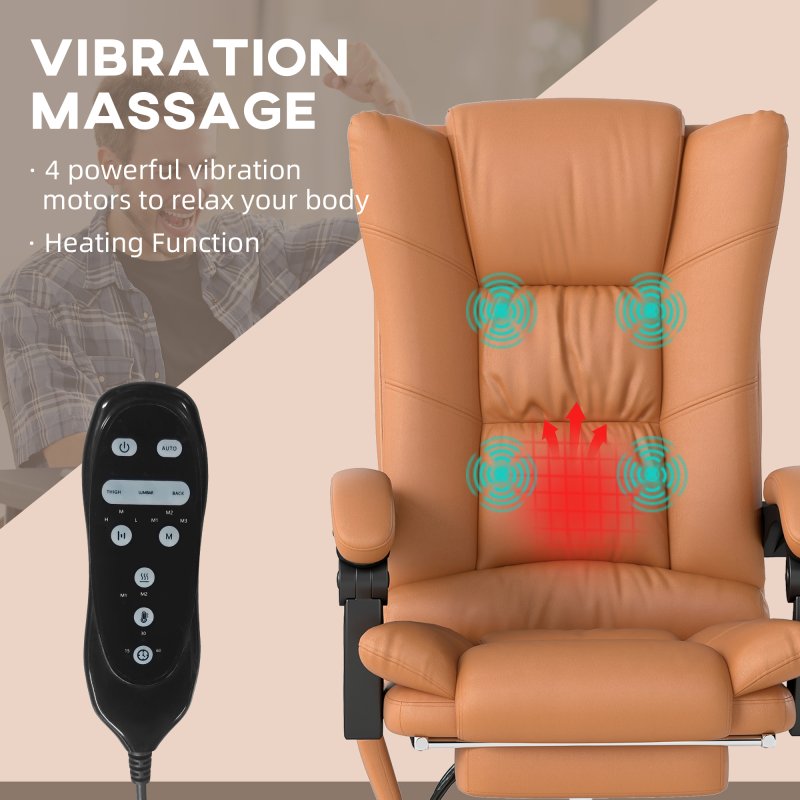 Vinsetto High Back Vibration Massage Office Chair, Heated Reclining PU Leather Computer Chair with 135° Reclining Back and Footrest, Light Brown