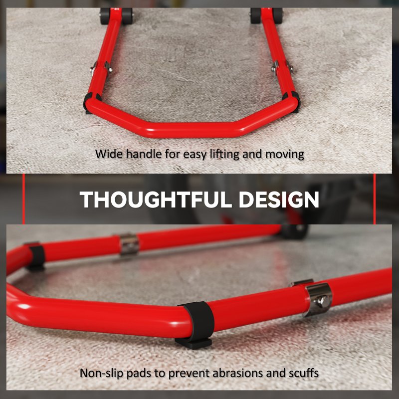 HOMCOM Motorcycle Stand Lift, 390 kg Capacity Convertible Front/Rear Motorbike Motorcycle Paddock Lift Stand with Adjustable U+L Fork Pin Adaptors, Wheels, Clamping Clips, Red