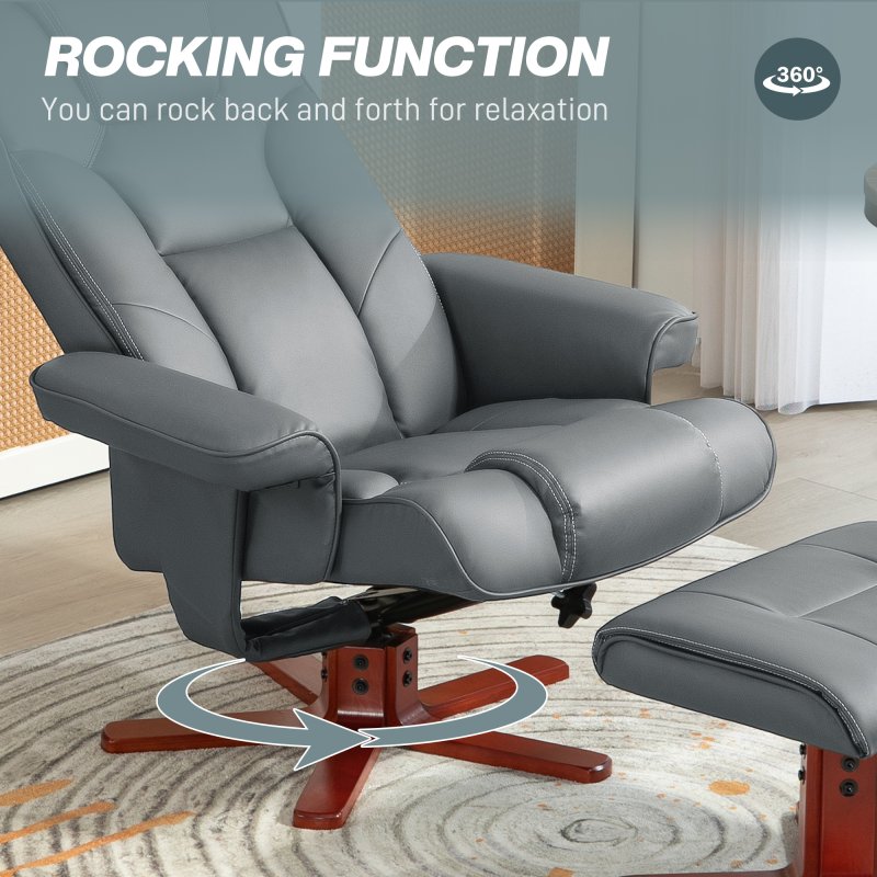 HOMCOM Recliner Chair with Footstool, PU Leather Upholstered Armchair with Adjustable Backrest, Leisure Lounge Chair for Living Room, Bedroom, Grey