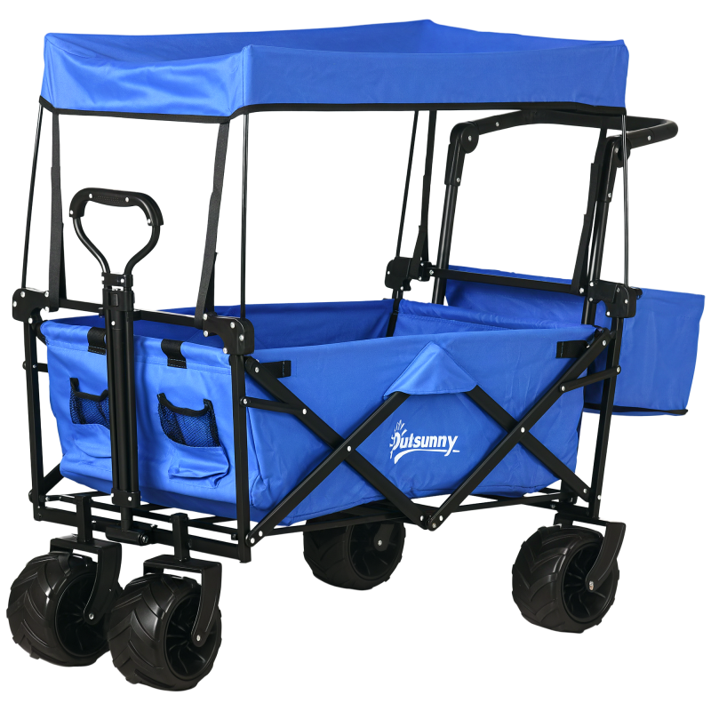 Outsunny 120L Festival Trolley on Wheels, Folding Camping Trolley Cart with Removable Canopy, All-Terrain Wheels, Adjustable Handle and Side Pockets for Garden Beach Fishing Shopping, Blue