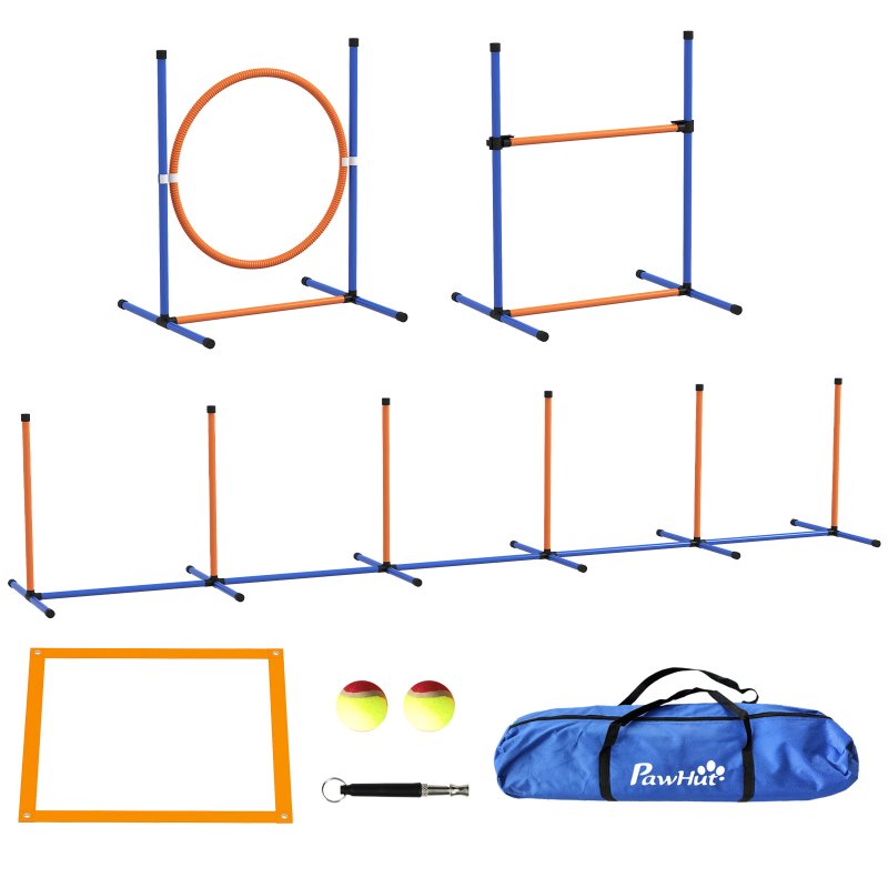 PawHut Dog Agility Training Equipment, Dog Outdoor Games with Weave Poles, Jump Ring, Pause Box, Adjustable Hurdle, Pet Obstacle Course Training Set with Carry Bag, Orange