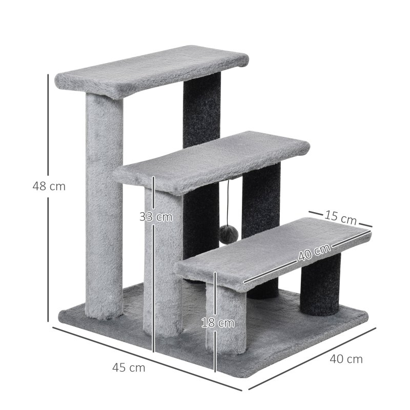 PawHut Pet Stairs, Cat Tree Climb Ladder with 3-step Stair, Scratching Posts, Platforms, Toy Ball, for Indoor Cats, Grey