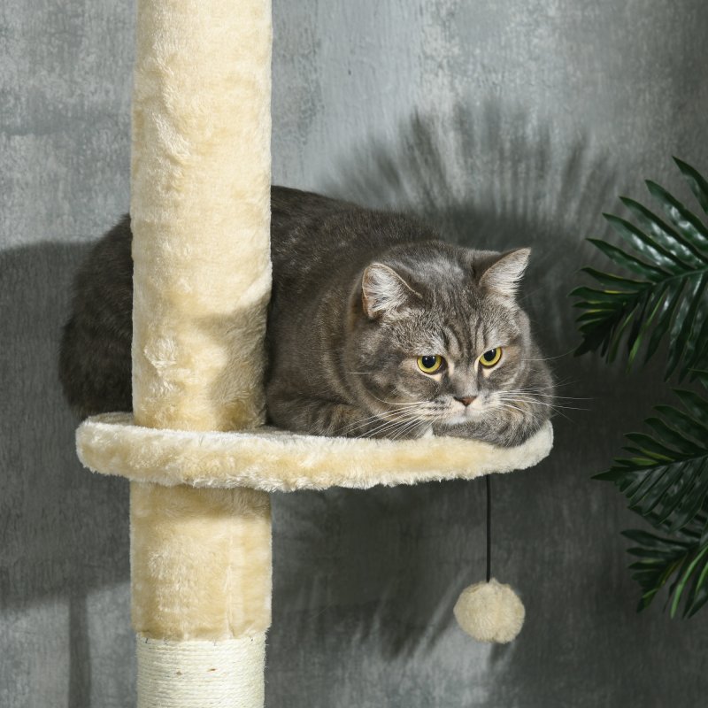 PawHut 255cm Cat Tree for Indoor Cats, Tall Cat Tower with Scratching Posts, Ramps, Hammock, Condo with Two Doors, Toy Balls, Platform, Beige
