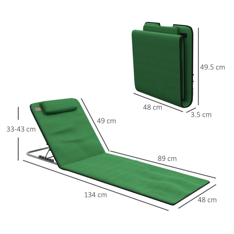 Outsunny Set of 2 Foldable Garden Beach Chair Mat Lightweight Outdoor Sun Lounger Seats Adjustable Back Metal Frame PE Fabric Head Pillow w/ Carry Bag, Green