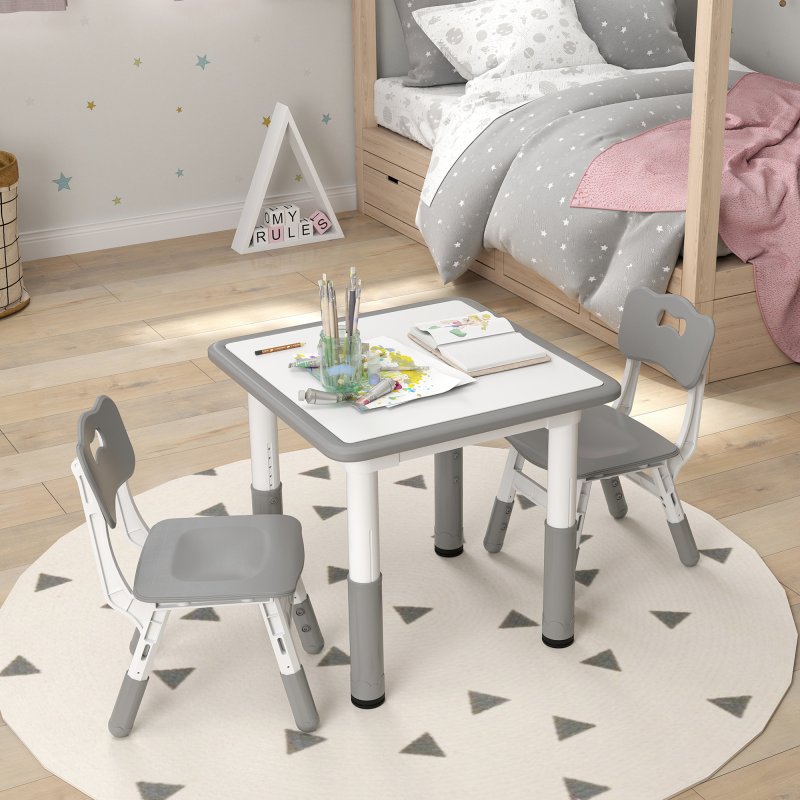 AIYAPLAY Kids Table and Chair Set, 3 Pcs Height Adjustable Activity Table Set with 2 Chairs, Easy to Wipe Arts & Crafts Table, for Classrooms, Daycares, Homes - Grey