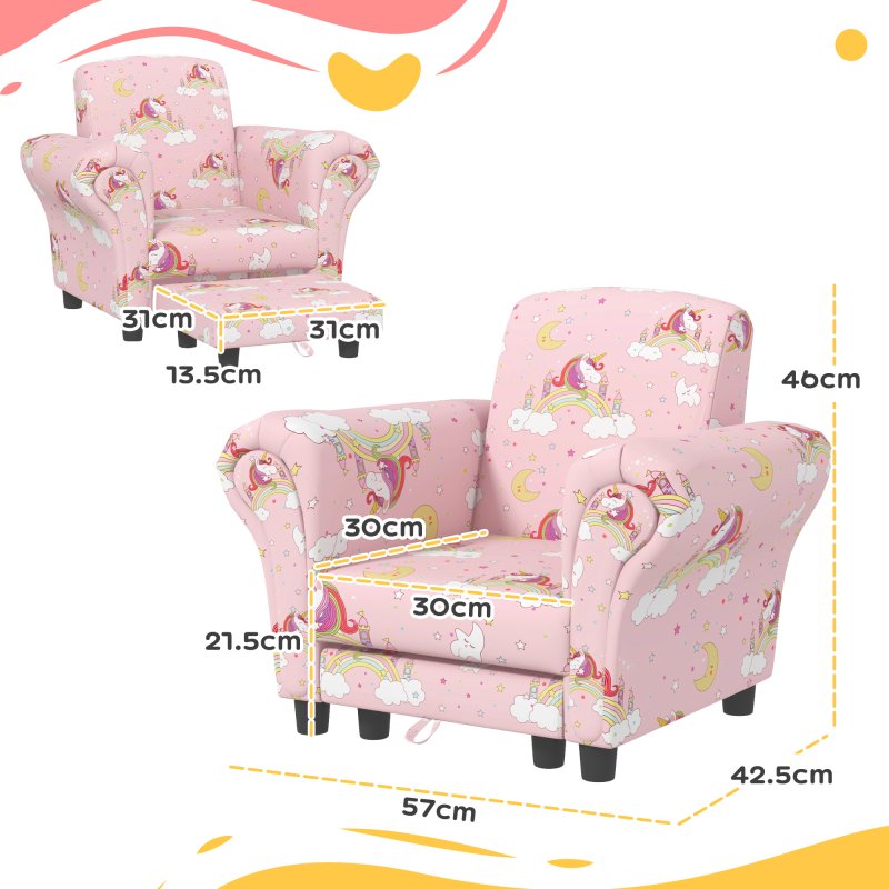 AIYAPLAY Kids Armchair with Stool, 2 Piece Kids Sofa Set with Unicorn Design, Wooden Frame, Upholstered Kids Chair for Bedroom, Playroom, Kid Room, for 1.5-3 Years Old, Pink