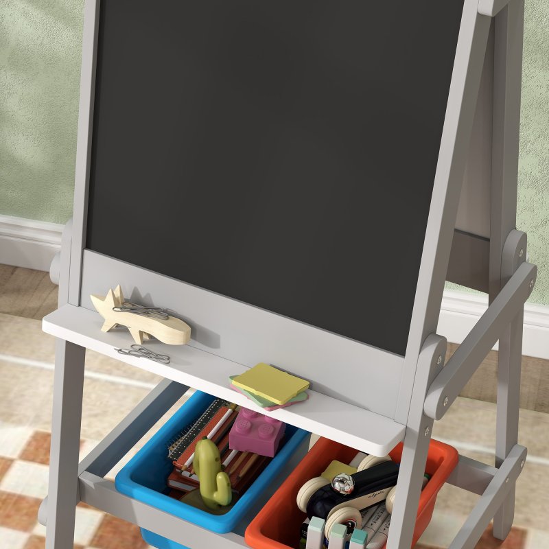 AIYAPLAY Art Easel for Kids with Paper Roll, Double-Sided Painting Easel with Chalkboard, Whiteboard, Eraser, Storage Boxes