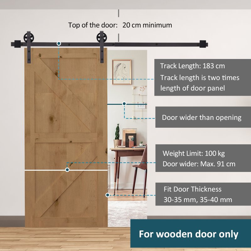 HOMCOM 183CM/6FT Modern Sliding Door Kit, Barn Door Closet Hardware Track Kit Track System Unit for Single Wooden Door 6FT/1830mm