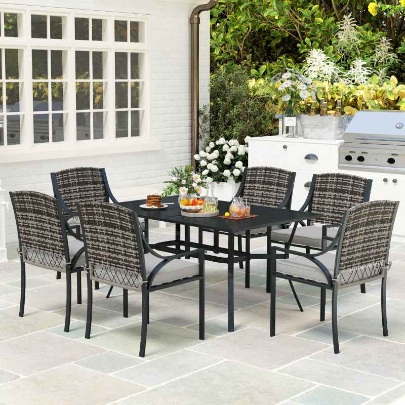 Outsunny Rattan Garden Furniture Set with Cushions, 6 Seater Rattan Dining Set with 6 Armchairs, 150 x 96cm Rectangular Table, Umbrella Hole, for Outdoor, Patio, Balcony, Terrace, Conservatory