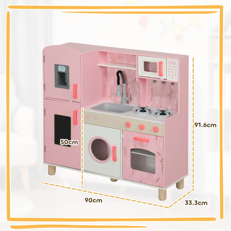 AIYAPLAY Toy Kitchen, Pretend Role Play Kitchen, Kids Kitchen Set with Lights and Sounds, Double Stoves, Ice Maker, Chalkboard, Microwave, Oven, Sink, 5 Accessories, for 3+ Years, Pink