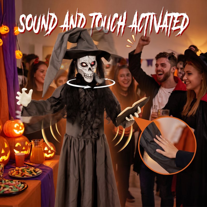 HOMCOM 180cm Life Size Animated Witch Halloween Decorations Outdoor Indoor, Scary Halloween Animatronics Decor with Sound Touch Activated, Animated Prop with Light Up Eyes for House Garden
