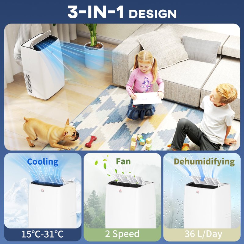 HOMCOM 14000 BTU Air Conditioning Unit, 3-in-1 Portable Air Conditioner, Dehumidifier, Cooling Fan with 24H Timer On/off, 2 Speeds, Remote Control, LED Display, 24H Timer, Window Venting Kit, 40m²