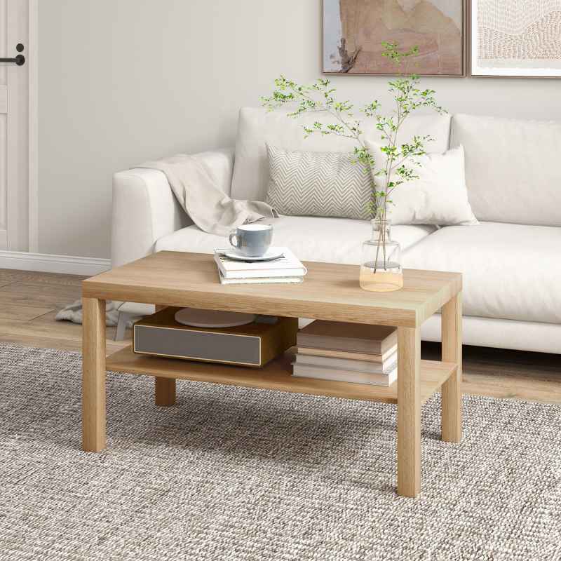HOMCOM 2-Tier Coffee Table with Storage Shelf, Rectangular Centre Table for Living Room, Home Office, Natural Wood Finish