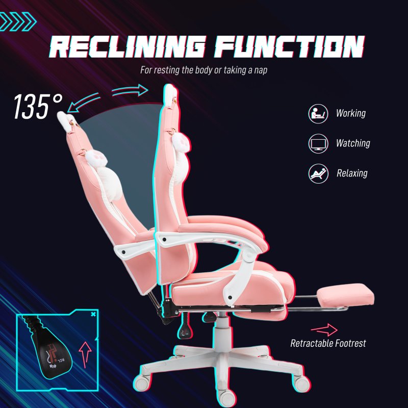 HOMCOM Gaming Chair for Adults with Cat Ears, Faux Leather Reclining Computer Chair with Footrest, Lumbar Support and Headrest, Height Adjustable Swivel Seat, Pink