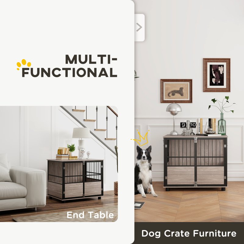 PawHut Dog Crate Furniture, Dog Cage End Table Indoor with 3 Doors, Furniture Style Dog Crate with Soft Washable Cushion, for Medium Dogs, 80L x 60W x 68Hcm