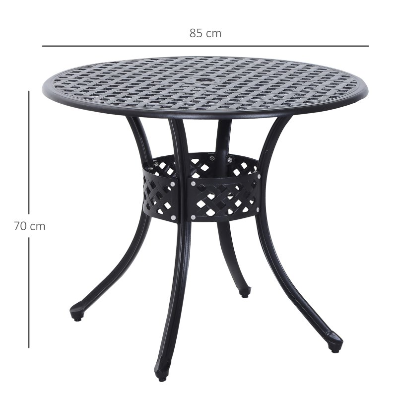 Outsunny 85cm Round Garden Dining Table with 46.5mm Dia. Umbrella Hole, Cast Aluminium Outdoor Dining Table, Grid Motif Outdoor Table for Garden, Patio, Porch, Black
