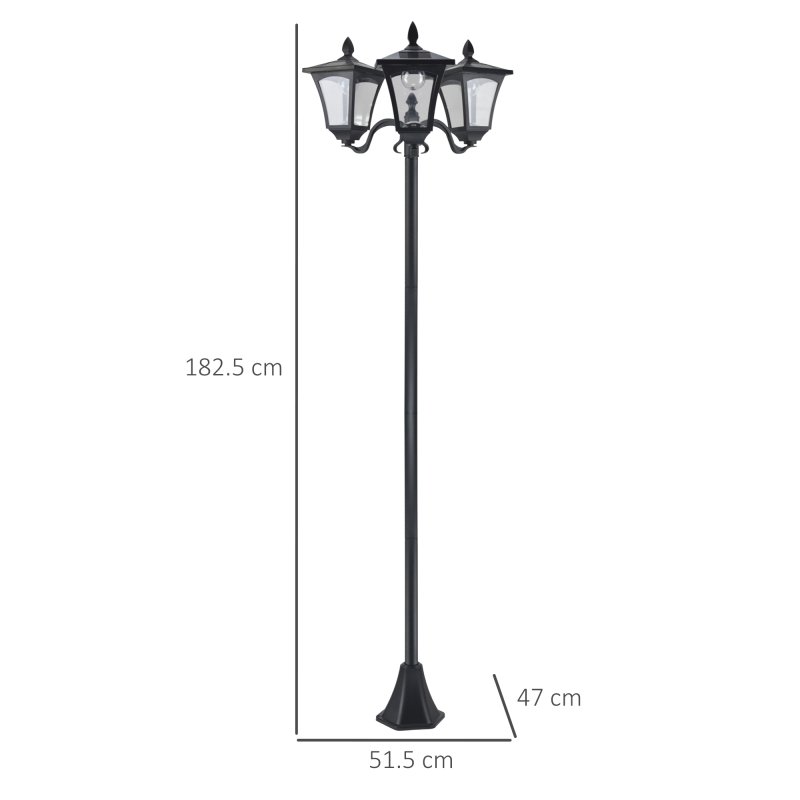 Outsunny 1.8m Traditional Victorian Style 3 Way Head Outdoor Garden Solar Post Lamp Sensor Dimmable LED Lantern Bollard Pathway IP44 - Black