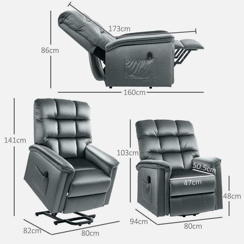 HOMCOM Power Lift Recliner Chair for Elderly, Velvet Fabric Electric Riser and Recliner Armchair for Living Room with Remote Control, USB Port and 2 Side Pockets, Dark Grey