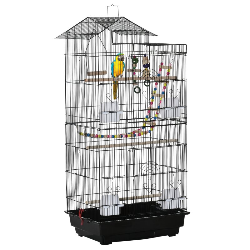 PawHut Bird Cage for Budgies, Finches, Canaries w/ Accessories, Toys, Tray, Handle, 46 x 36 x 100cm - Black