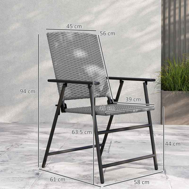 Outsunny Folding Garden Chairs Set of 2, PE Rattan Garden Dining Chairs with Armrests, High Back and Steel Frame, Weather Resistant Outdoor Dining Furniture for Patio, Balcony, Grey
