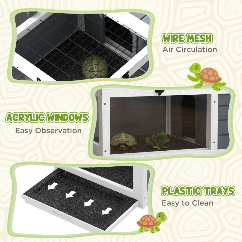 PawHut Tortoise House, Wooden Tortoise Table, Tortoise Enclosure with Wooden Lamp Holder, Openable Lids, Pull-Out Trays - Grey