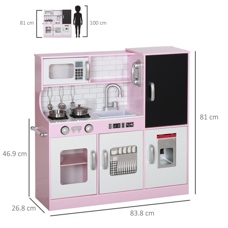 AIYAPLAY Play Kitchen, Kids Kitchen Playset Toy with Chalkboard, Toy Phone, Microwave, Ice Maker, Cooking Stoves, Sink, for Boys Girls Ages 3-8 Years, Pink
