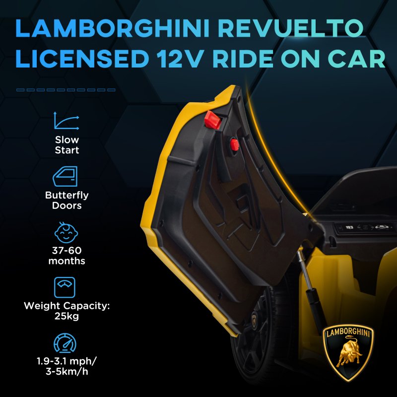AIYAPLAY Lamborghini Revuelto Licensed Electric Car for Kids with Butterfly Doors, 12V Kids Electric Ride On with Suspension, Remote Control, LED Lights, Horn, USB, MP3 for 3-5 Years, Yellow