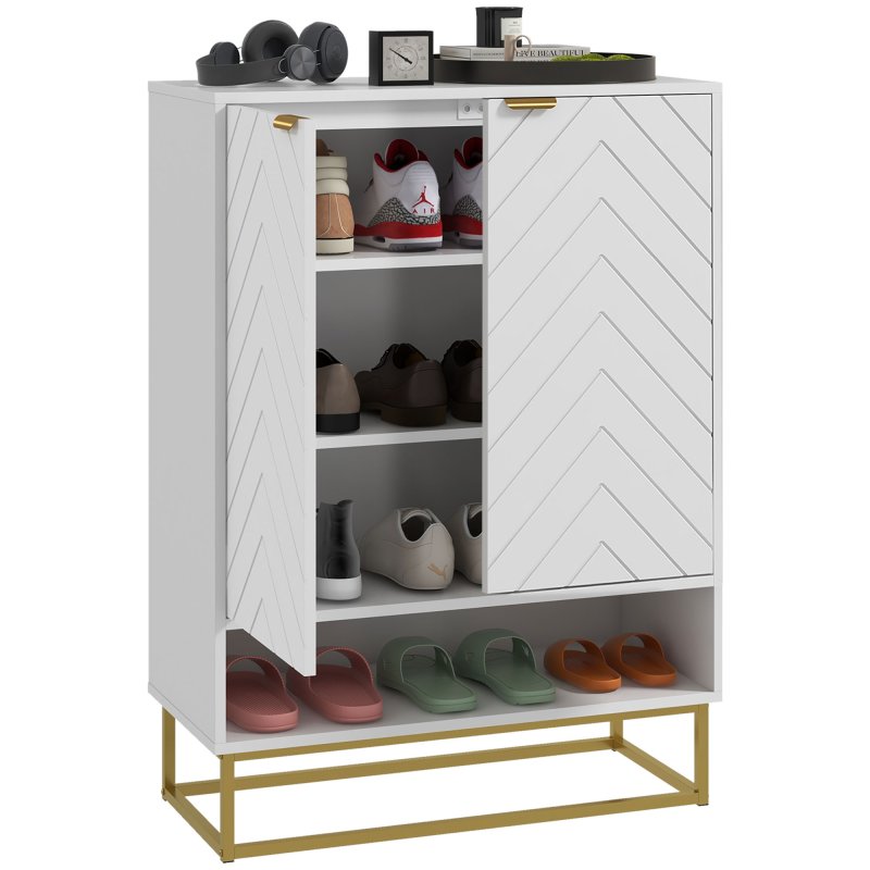 HOMCOM Shoe Cabinet, 12 Pairs Shoe Storage Cabinet with 2 Chevron Doors, Adjustable Shelf, Open Shelf and 6 Vents for Entryway, Hallway, White