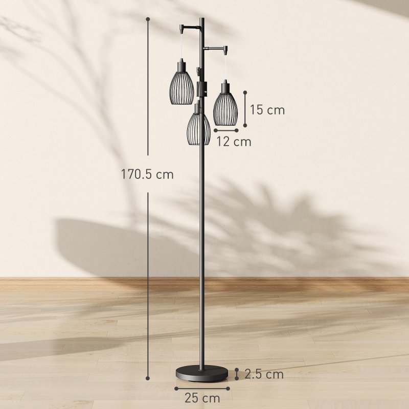 HOMCOM 3-Light LED Floor Lamp, 170cm Industrial Dimmable Standing Lamp with Steel Wire Cage Lampshades, 2700K for Living Room, Bedroom, Dining Room, Study, Black