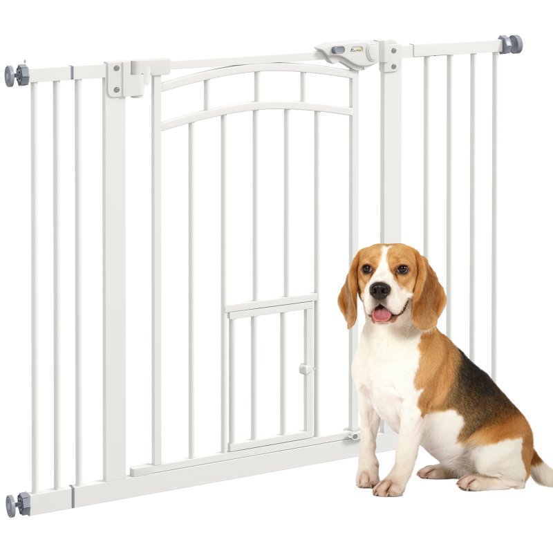 PawHut Dog Stair Gate Pet Barrier with Small Cat Door, Pressure Fit Safety Gate  with Auto Closing System, Double Locking, for Hallways, 74-100 cm Openings - White