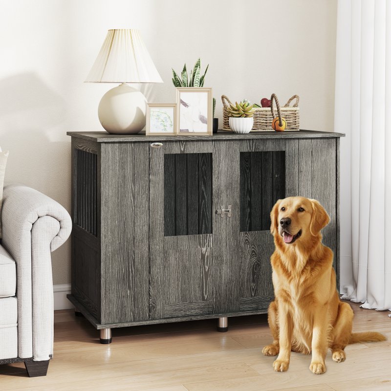 PawHut Dog Crate Furniture End Table, Pet Kennel for Extra Large Dogs with Magnetic Door Indoor Animal Cage, Grey, 114 x 60 x 82 cm