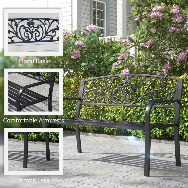 Outsunny Garden Bench, 2 Seater Metal Outdoor Bench Seat, Patio Loveseat with Armrests, Floral Backrest and Slatted Seat, 240 KG Capacity for Park, Porch, Black