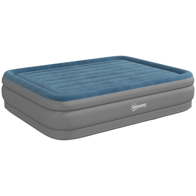 Outsunny King Size Air Bed with Built-in Pump, Inflatable Mattress with Carry Bag, Flocked Surface, Blow Up Airbed for Guest, Camping, Travel, 203 x 152 x 46cm, Blue and Grey
