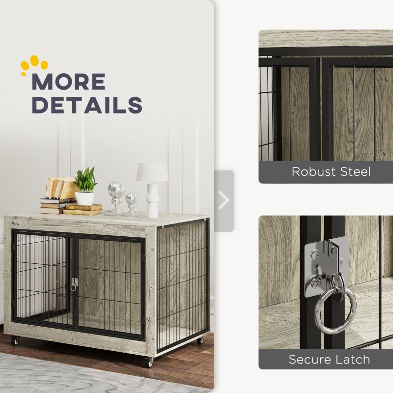 PawHut Dog Crate Furniture on Wheels, Dog Cage End Side Table with Lockable Double Doors, for Large Breeds, 100 x 60 x 73.5cm, Grey