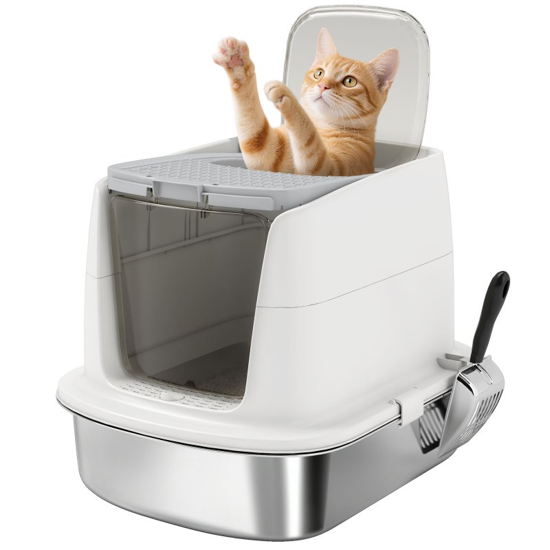 PawHut Stainless Steel Litter Box with Lid, Large Hooded Cat Litter Tray with Flip Cover, Metal Scoop, Deodoriser Bag, Non-Sticky, Odour Control and Easy Clean, White
