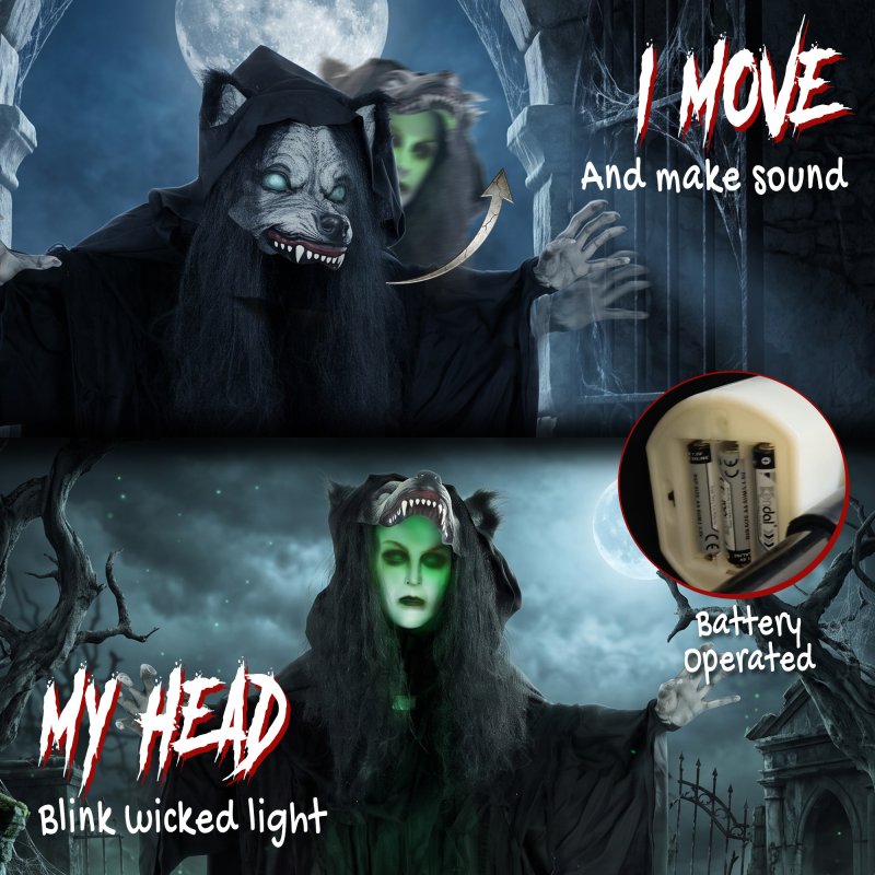 HOMCOM 170cm Life Size Animated Pop-Up Ghost with Werewolf Mask, Halloween Decorations Outdoor Indoor, Scary Halloween Animatronics Decor with Sound Touch Activated, Light Up Animated Prop