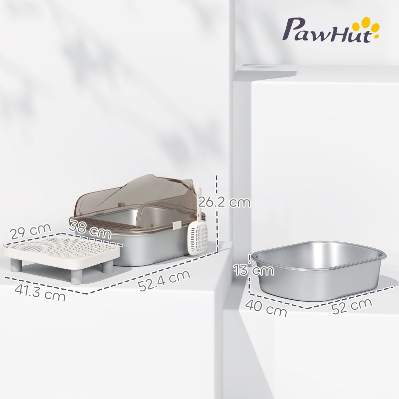 PawHut Stainless Steel Litter Box with Lid, Metal Cat Litter Tray for Big Cats with High Wall Sided Enclosure, Pedal, Scoop, Non-Sticky, Anti-Leakage, Easy Cleaning