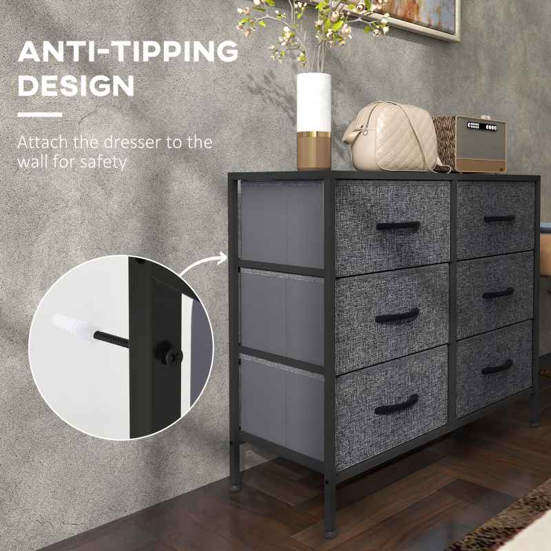 HOMCOM Fabric Chest of Drawers, Storage Drawers, Industrial Bedroom Dresser with 6 Fabric Drawers, Steel Frame and Wooden Top for Nursery, Living Room, Hallway, Black