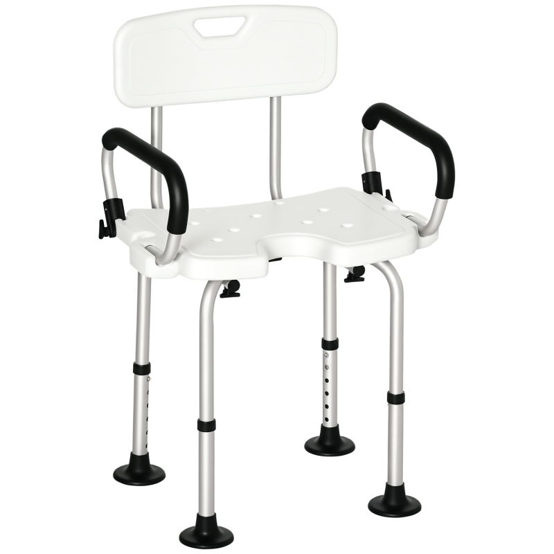 HOMCOM Shower Chair for the Elderly and Disabled, Height Adjustable Shower Stool with Back and Flipped Padded Arms, Suction Foot Pads, White
