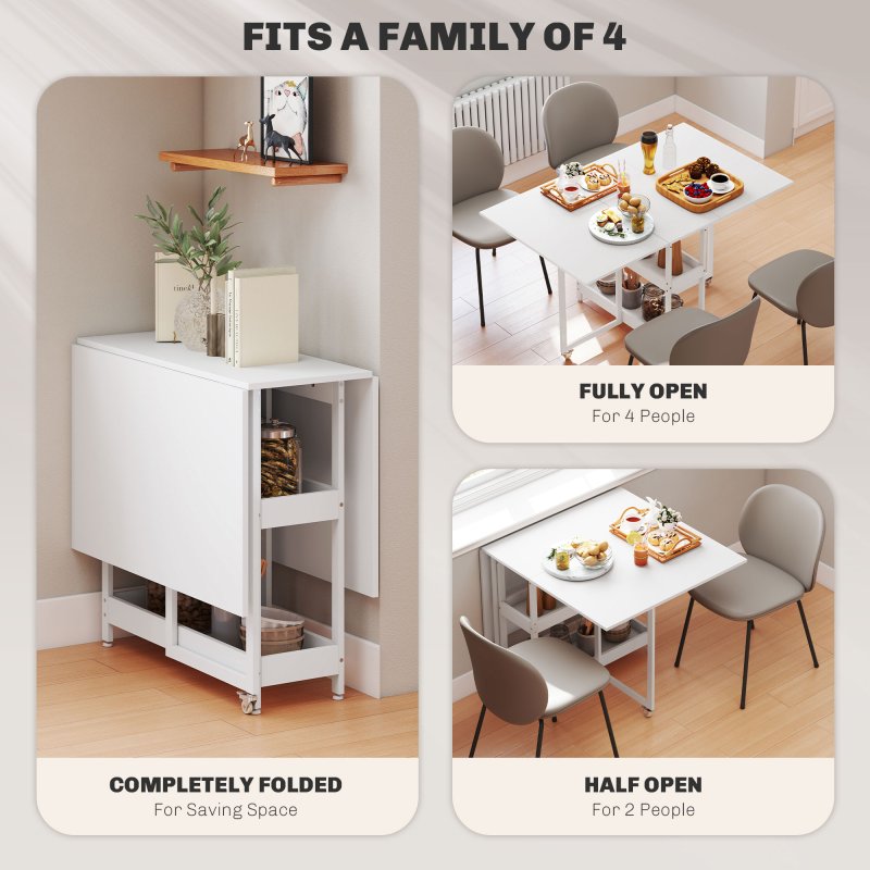 HOMCOM Industrial Folding Dining Table, Drop Leaf Table with Open Compartments for Small Spaces, Kitchen, Dining Room, White